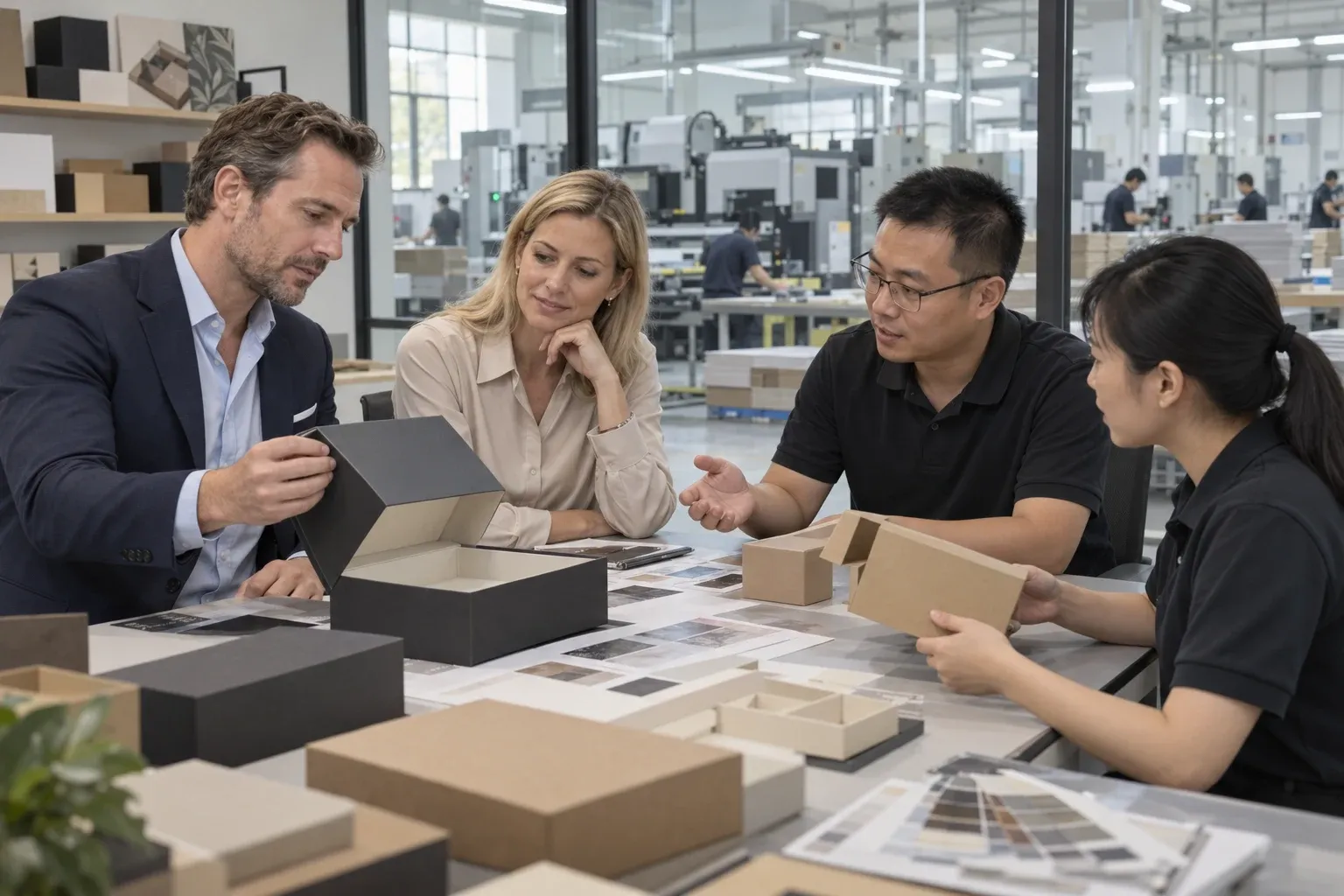 Illustrative packaging consultation with international buyers